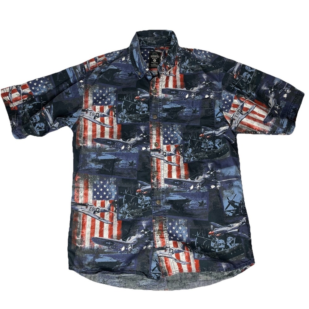 Red Head Men's Button Down Shirt S Multi-Color Fighter Jets Flags